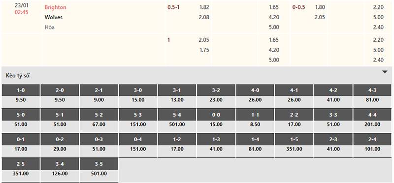 Bảng tỷ lệ kèo Brighton vs Wolves 02h45 ngày 23/1/2024