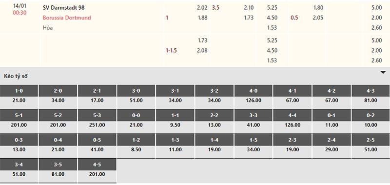 Bảng tỷ lệ kèo Darmstadt vs Dortmund 00h30 ngày 14/1/2024